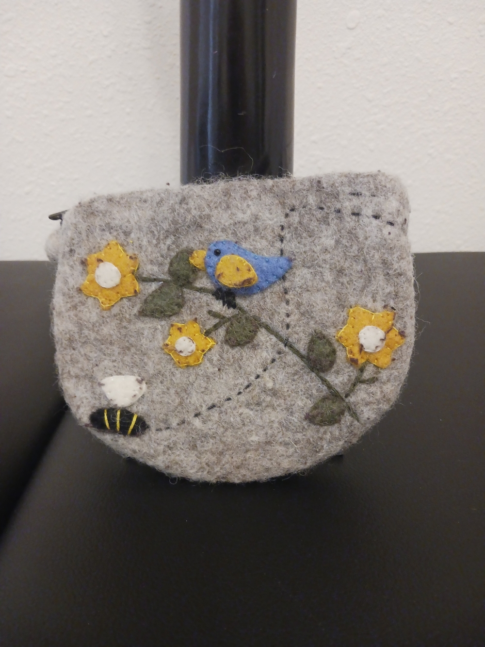 Handmade Gray Felt Cosmetic Pouch with Blue Bird & Yellow Flower